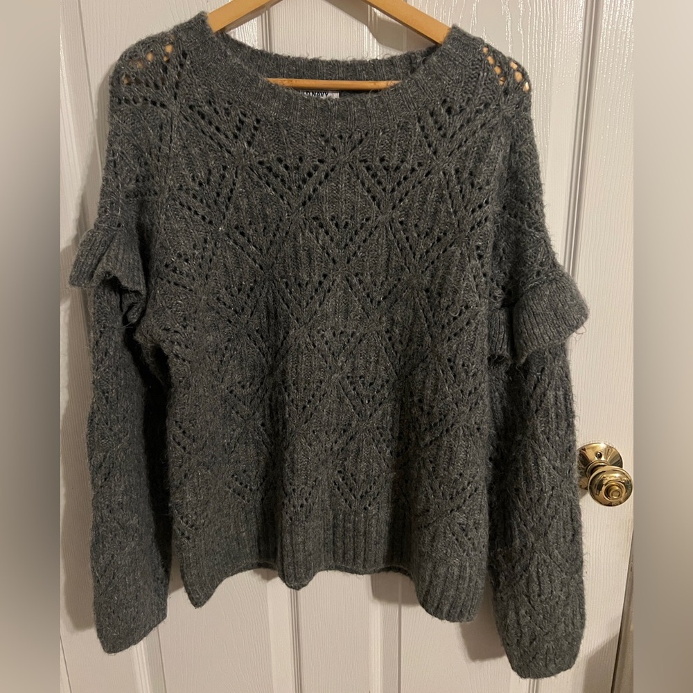 Old Navy | Gray Pointelle Knit Women's Sweater with Ruffle Sleeves | Size Large